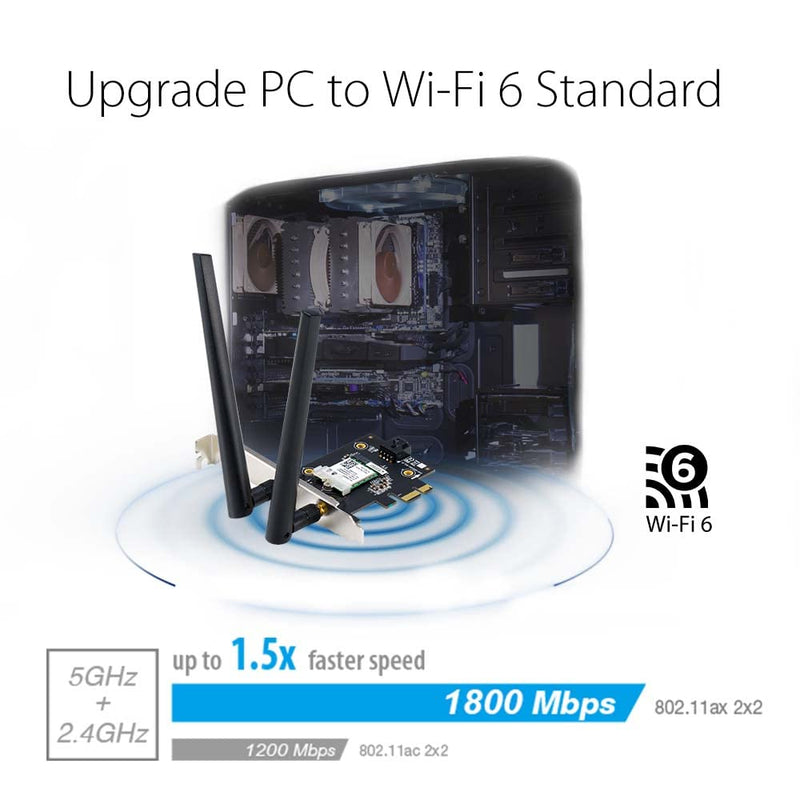 ASUS AX1800 PCIe WiFi Adapter (PCE-AX1800) - WiFi 6, Bluetooth 5.2, Ultra-Low Latency Wireless, 2 External Antenna, Supporting Total Data Rate up to 1800Mbps, WPA3 Network Security, OFDMA and MU-MIMO WiFi 6 AX1800 | BT5.2
