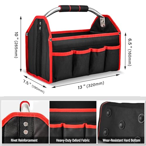 HAUTMEC 13 Inch Tool Bag, Foldable Open Top Tool Bag with Stiff Frame, Heavy-Duty Tool Tote with Padded Handle, Water-Resistant Base, Portable Tool Organizer for DIY & Jobsite Use – TB0001 13-Inch