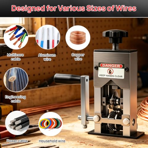 Geila Wire Stripper Machine, Manual Copper Wire Stripping Tool 0.06-1'' with Replacement Blades, Drill Powered or Hand Crank for Scrap Copper Recycling Silver