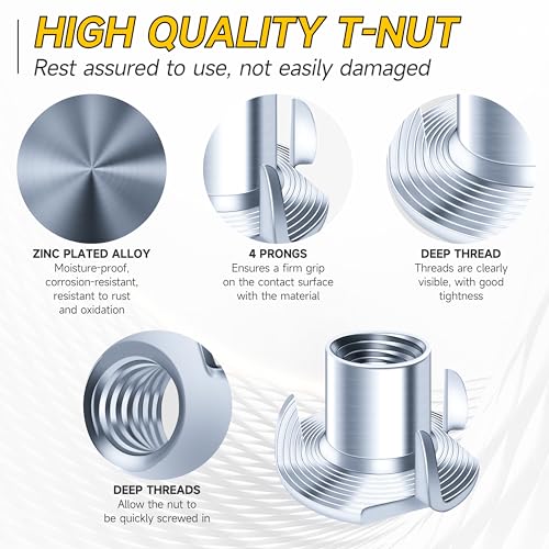 Mywish 180Pcs 1/4-20 5/16-18 3/8-16 T-nut Assortment Kit & 50Pcs 3/8-16 T Nuts, 4 Pronged T Blind T Nut Zinc-Plated Alloy Steel, Wood Working, Rock Climbing Holds & Furniture Hardware Nuts