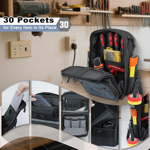 MELOTOUGH Small Tool Backpack for Men 30 Multi-Storage Pockets Heavy Duty Tool Bag Backpack, Tape Thong Electrical Tape Holder with Snap Hooks