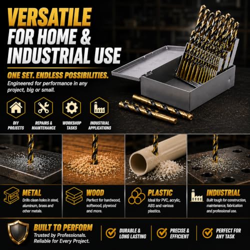 Stark USA 21-Piece HSS Drill Bit Set, Black & Gold High Speed Steel Drill Bits with 135° Split Point, Heavy Duty Industrial Twist Bits, 1/16"–1/2", Indexed Storage Case 21 PCS Set Heavy Duty