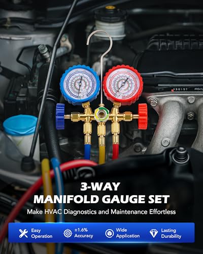 OMT 3-Way Auto AC Manifold Gauge Set for R134a R410A R404A R22, 5ft Hoses R134a R22 R410a R404a