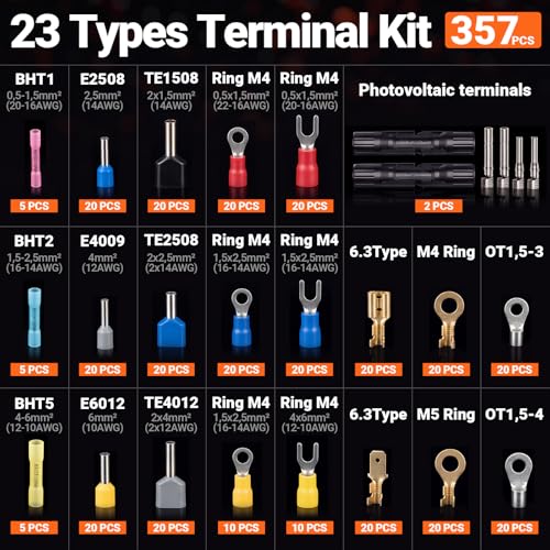 Preciva Crimping Tool Kit with 6 Interchangeable Jaws, Adjustable Ratchet Crimper with Pressure Knob, 361pcs Terminals, Ergonomic Handle & Storage Case – MC4 Crimping Tool for Electrical Work 361
