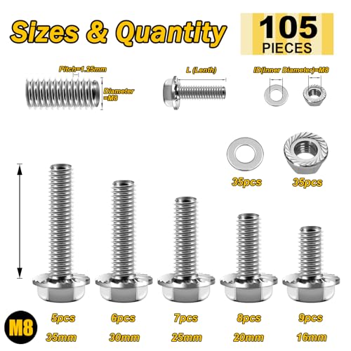 Mywish 105Pcs M8x1.25 Bolt x 16/20/25/30/35mm Flanged Hex Head Bolts & 448PCS M5 M6 M8 Screw Set, Metric Bolt Assortment, 304 Stainless Steel Serrated Nuts and Bolts, Flat & Spring Washers