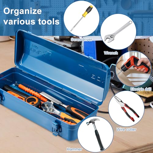 Tool Box, 16.9" Portable Metal Tool Organizer Box with Double Latch Closure and Handle, Heavy Duty Hip Roof Style Tool Chest for Household Workshop Car (Blue) Blue