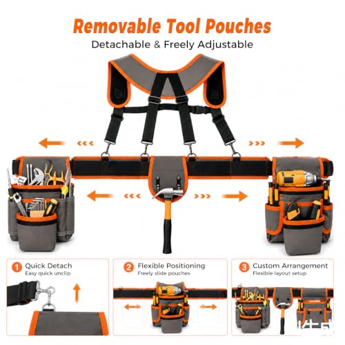 Magnetic Detachable Tool Belt with Suspenders, Fits 32‑66" Waist