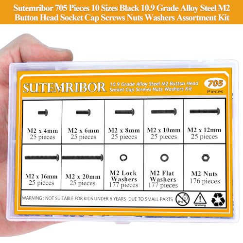 705 Pieces M2 Screws Nuts Washers Set Black, Sutemribor M2 x 4/6/8/10/12/16/20mm Button Head Socket Cap Screws Nuts Washers Assortment Kit, 10.9 Grade Alloy Steel, Fully Threaded M2 x 4/6/8/10/12/16/20mm Kit