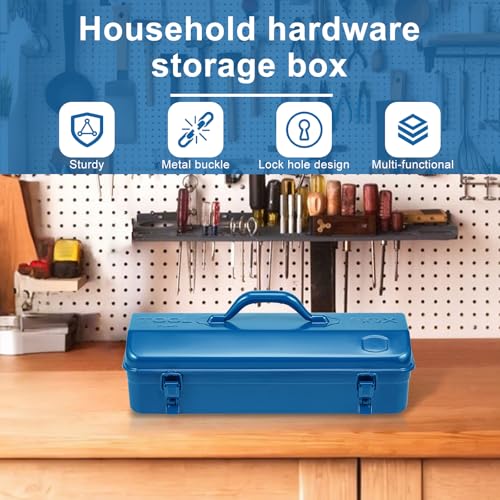 Tool Box, 16.9" Portable Metal Tool Organizer Box with Double Latch Closure and Handle, Heavy Duty Hip Roof Style Tool Chest for Household Workshop Car (Blue) Blue