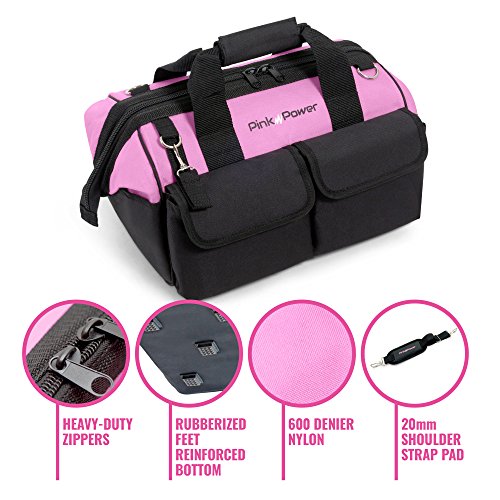 Pink Power Pink Tool Bag for Women -16" Tool Tote Bag w/ 22 Storage Pockets | Womens Small ToolBag Ladies ToolBox for Hand Tools, Power Kits & More - Womens Zipper Toolbag Caddy Organizer
