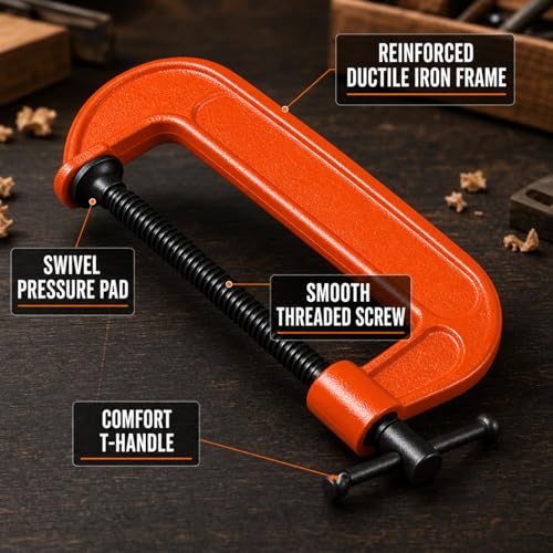RHBLME 4 Pack Heavy Duty C Clamp, 5 Inch Malleable Iron C-Clamp G Clamp, Up To 5 Inch Jaw Opening, 3 Inch Throat Depth with T-Bar Handle for Woodworking, Welding, Building