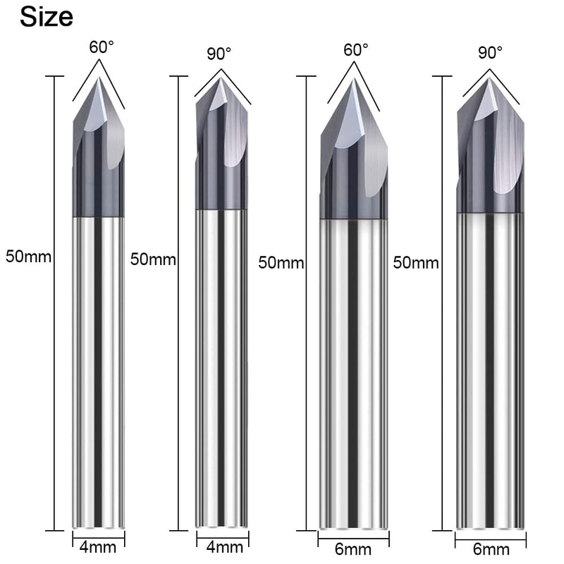 ASNOMY 4 pieces solid carbide chamfer cutter 3 flutes V groove cutter 60 degree and 90 degree CNC milling cutter end mill with TiAlN coating for machine tools and chamfering 4 pieces 4mm & 6mm, 60° & 90° angle