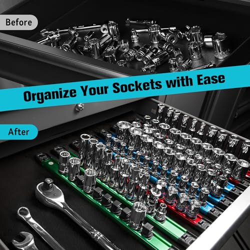 DURATECH 6PCS 1/4", 3/8", 1/2" Magnetic Socket Organizer Set with 64 Clips