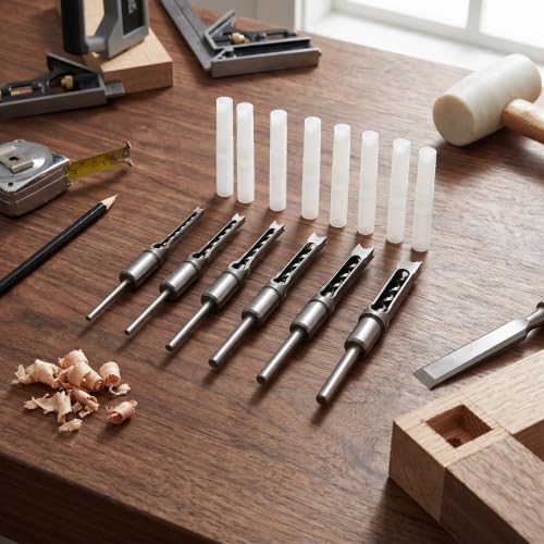 Garosa 7Pcs Square Hole Mortise Chisel Drill Bit Woodworking Hole Saw Square Drill Bits Kit 1/4in 5/16in 3/8in 2/5in 1/2in 9/16in 5/8in HSS Mortising Chisel Drill Bit Set with Storage Box