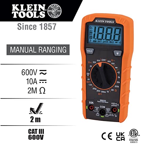 Klein Tools MM325 Multimeter, Digital Manual-Ranging 600V AC/DC Voltage Tester, Tests Batteries & 69381 Alligator Clip Test Leads, Heavy-Duty Replacement Meter Leads Protection,Safety+ 69381 Clip Test Leads