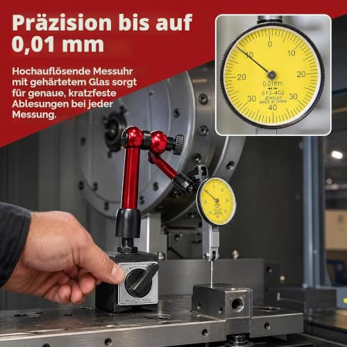 Lever Dial Gauge with Magnetic Holder 0-0.8 mm, Precision Dial Gauge 0.01 mm Accuracy | Robust lever test indicator in red, flexible magnetic stand for lathe & milling machine, shockproof testing device for workshop