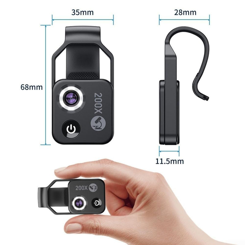 200x Cell Phone Microscope Lens with LED Light, Portable Digital Microscope for Kids, Handheld Microscope, Dermatoscope, Skin Diagnostic, Hair Analyzer black