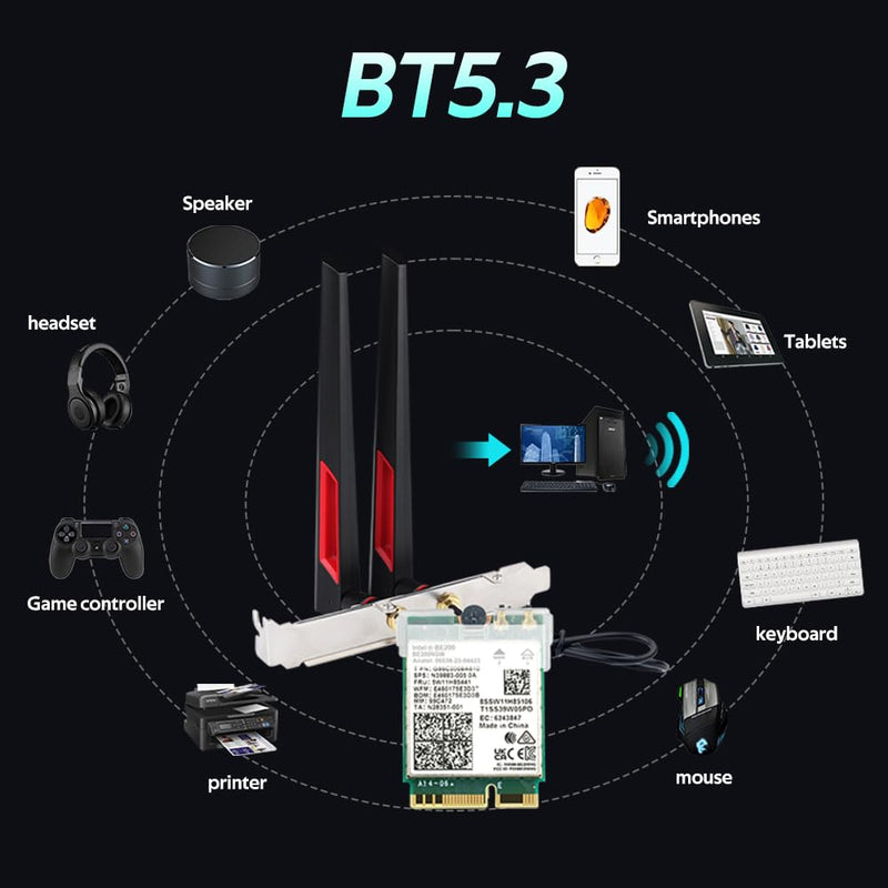 WiFi 7 Card for Desktop PC, BE200 Tri-Band 6GHz up to 8774Mbps, BT 5.4, Includes 10DBi High-Gain Gaming Antennas, for Intel Motherboards Windows 10/11 (No AMD Support)