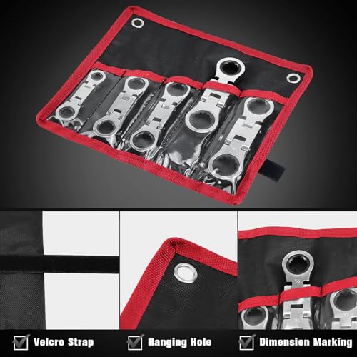 LOSCHEN 5-Piece Flex-Head Stubby Ratcheting Combination Wrench Set, Mini Wrench Set, Double Box End Flex-Head, Mini Spanner Set, Metric 8 10 12 13 14 15 16 17 18 19mm, 72-Teeth, CR-V Steel