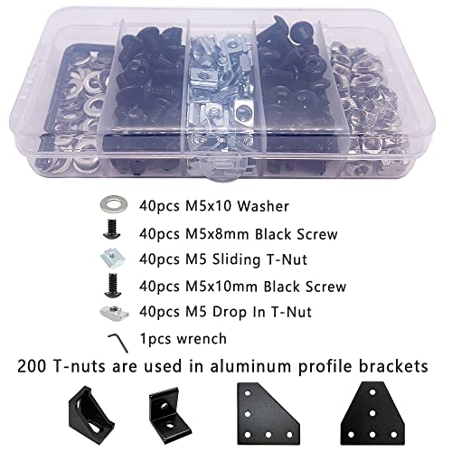 200pcs M5 T-Nuts Screws Kit; (8Sets) 4 Set 45 Degree with 4 Set 135 Degree Angle 2020 Series Aluminum Extrusion Profile Accessories