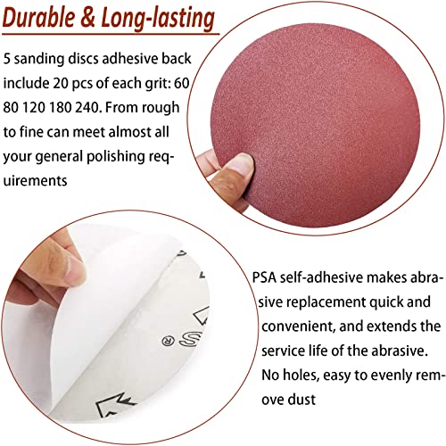 100 PCS 6" PSA Sanding Discs -20 Each of 60, 80, 120, 180, 240, Grit- 6 Inch Self Adhesive Stickyback Sandpaper Discs for DA Sander, Sand Automotive Car Paint, Woodworking Wood, Metal