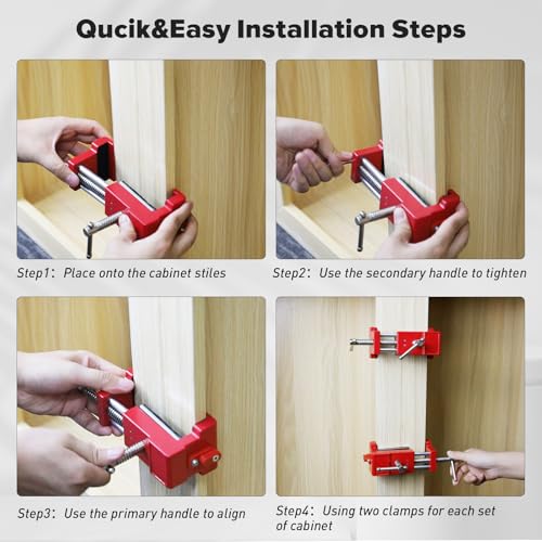 Cabinet Clamps, Cabinet Installation Cabinetry Clamps Face Frame Clamps Tools with Two Side Screws and Alignment Plate, 2 Pack, Up to 440 lbs Load Capacity, Red Red-2 Pack