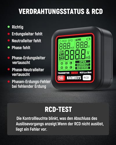 KAIWEETS Fuse Finder Set with 2.2 Inch LCD, Socket Tester with RCD Test for Wiring Test, Circuit Finder with NCV and LED Torch for Electricians and Home Use