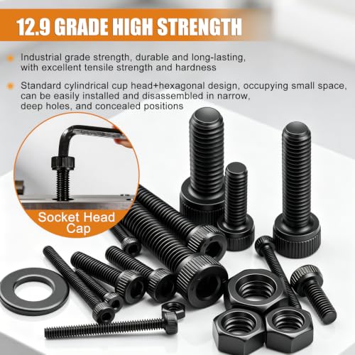 mankk 2000PCS Metric Screw Bolt Assortment Kit M2/M3/M4/M5/M6 Hex Socket Head Cap Bolts Nuts & Washers Set 12.9 Grade Alloy Steel Zinc Plated Metric Machine Screws Hex Socket Cap
