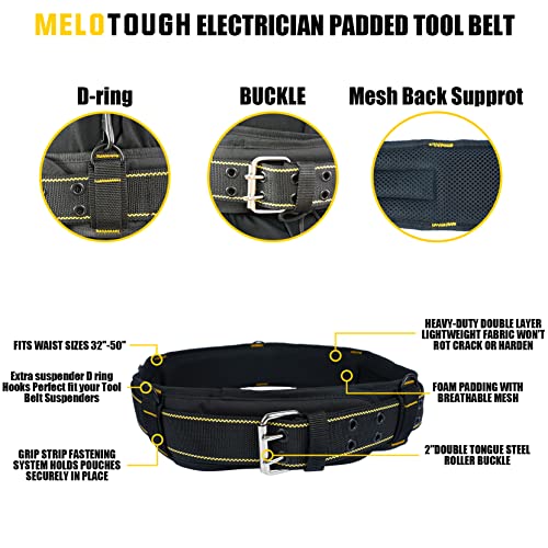 MELOTOUGH Padded Tool Belt with D ring for men Adjustable for 32"-50" Waists,Electrician Tool Pouch Tool Belt Pouches with Belt Clip, Electrical Tape Chain, Multiple Pockets Tool Organizer