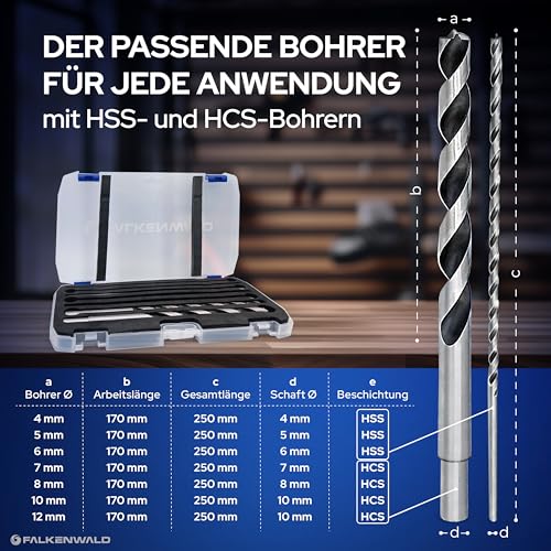 Falkenwald Wood Drill Bit Set Long 7 Pieces + Case - Long Wood Drill Bit for Precise Drilling in Soft and Hardwood - Auger Drill Bit Set - Spiral Drill Wood 7tlg - Holzbohrer Set