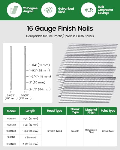 meite 16 Gauge Finish Nails 1-1/2 Inch Galvanized 20 Degree Angled 2,000PCS 1 Box (2,000PCS)