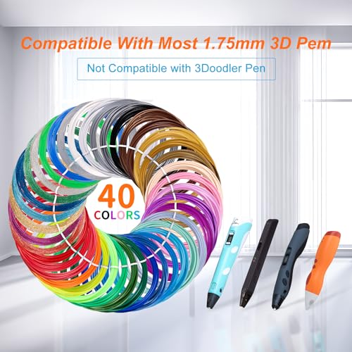 Kretrum 3D Pen Filament Refills 40 Colours 3D Printer PLA 1.75 mm Filament Each Colour 3M Compatible with MYNT3D SCRIB3D PIKA3D 3D Pen Most 1.75mm 3D Prining Pens NOT FIT 3Doodler Start Pen