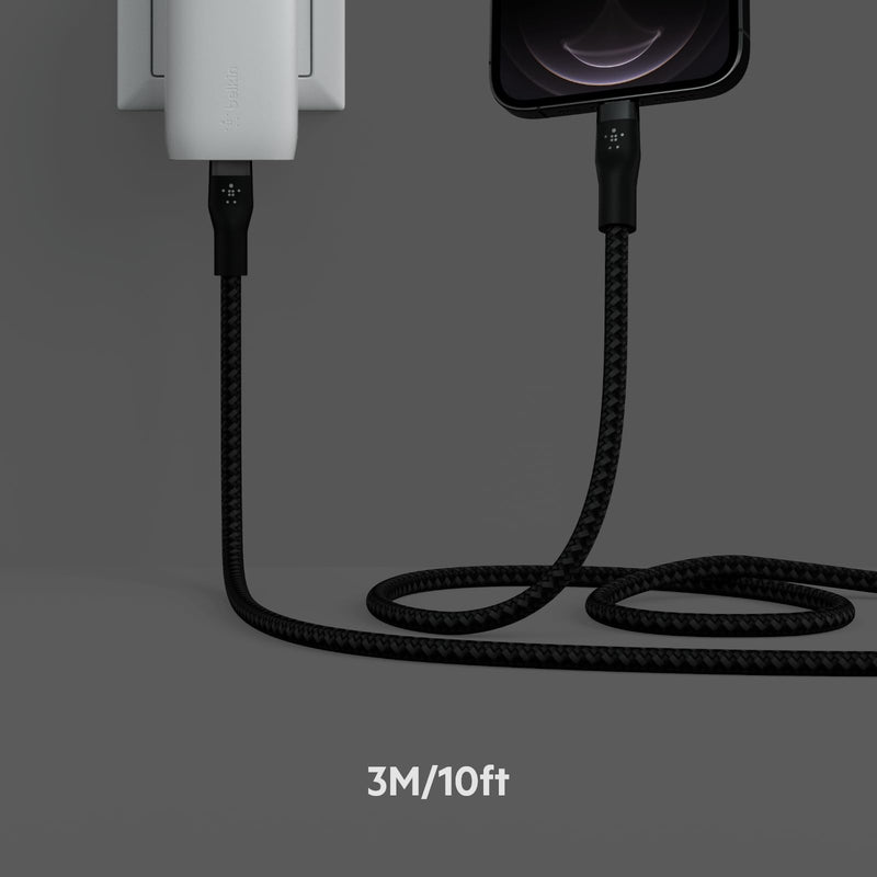 Belkin BoostCharge Pro Flex Braided USB Type C to Lightning Cable (3M/10ft), MFi Certified 20W Fast Charging PD Power Delivery for iPhone 14, iPhone 13, 12, 11, Pro, Max, Mini, SE, iPad - Black 9.9 ft