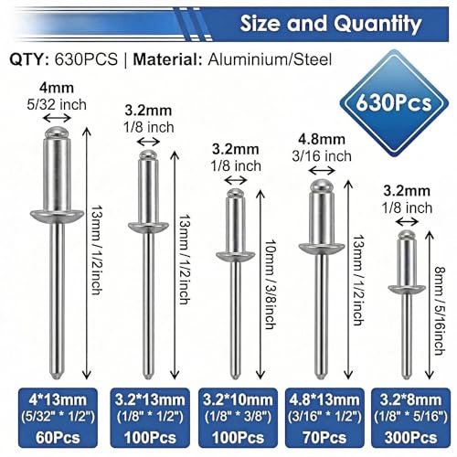 630Pcs Aluminum/Steel Pop Rivets Assortment Kit 1/8" 5/32" 3/16"