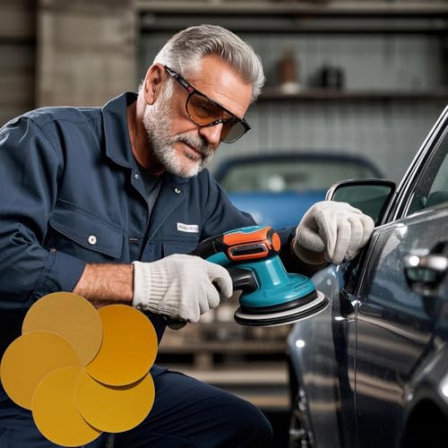 100 PCS 6 Inch Gold PSA Sanding Discs Set -20 Each of 80, 120, 180, 220, 400 Grit - Self Adhesive Stickyback Sandpaper Discs for 6" DA Sander Sand Automotive Car Paint, Woodworking, Metal
