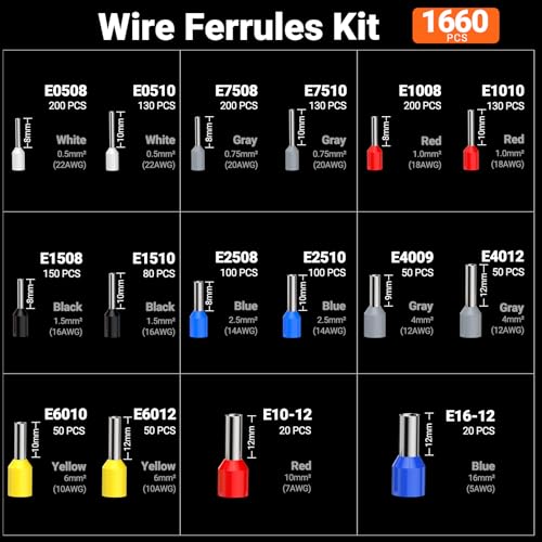 Preciva Ferrule Crimping Tool Kit with Wire Stripper, Quadrilateral Ferrule Crimper for AWG 28-5（0.08-16mm²） Self-Adjustable Ratchet Ferrule Terminals Crimping Tool with 1660Pcs Ferrules Connectors Quadrilateral Ferrule Crimping Tool Kit