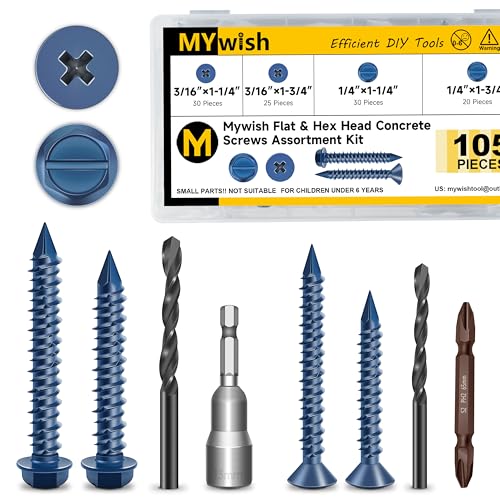 Mywish 190Pcs #8 Pocket Hole Screws, Wood Screws Assortment Kit & 105Pcs Concrete Screws Assortment Kit, Self Tapping Pocket Screws with Square Drive, Concrete Screws Set for Concrete Masonry