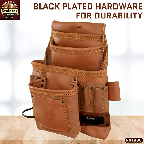Graintex PS1980 :: 10 Pocket Nail & Tool Pouch Tan Color Industrial Grade Leather; for Handyman, Constructors, Plumbers, Electrician