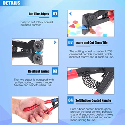 Glarks 9Pcs Mosaic Tools Set, 2Pcs Heavy Duty Wheeled Glass Mosaic Nippers and Tile Cutter Pliers with 7Pcs Mosaic Tile Tools