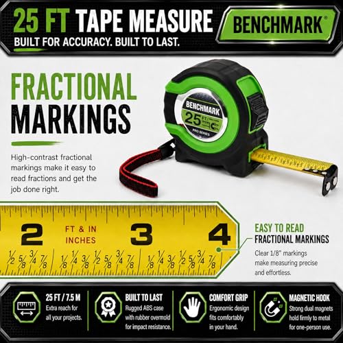 3 Pack - Tape Measures 25 ft - Easy to Read Fractions to 1/8th inch - Magnetic Tip - Thumb and Quick Lock - Autowind - Belt Clip - Green - Measuring Tape Retractable 3