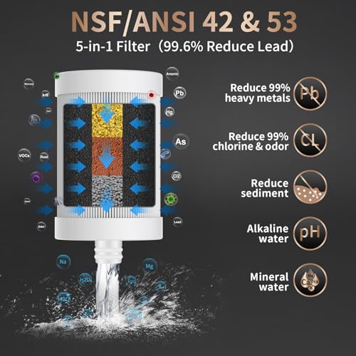WINGSOL Stainless Steel Water Filter for Sink Faucet, NSF/ANSI 42&53, 360° Rotating Tap Purifier, Reduce Heavy Metals 99.6% Lead, Improve Taste, 250 Gallons Mineral pH+ Water, Reinforced Housing WS- FM001 -5in1