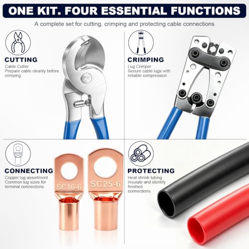 Battery Cable Lug Crimping Tool Kit, 176-Piece Accessory Set with 2 Tools, AWG 10-1/0 Lug Crimper with Cable Cutter, 96 Copper Lugs & 80 Heat Shrink Tubing for Automotive, RV, Marine, Solar 176 Pcs