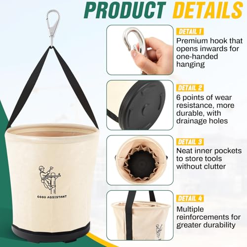 Heavy Duty Tool Canvas Bucket 12 x 12 x 9'' Tapered Wall Bucket Bag with 14 Inner Pockets, Thickened 14 Ounce Canvas, Plastic Bottom High Weight Load Capacity up to 100 Lbs (Printed) Printed