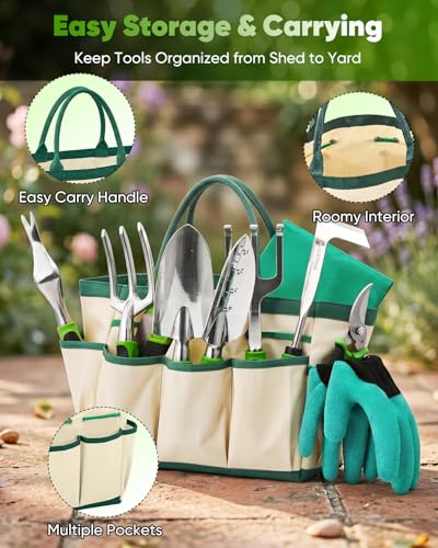 Garden Tool Set Gardening Tools - Heavy Duty Aluminum Tool Kit with Non-Slip Handle, Gardening Gloves and Tool Bag for Weeding, Planting and Pruning, Gifts for Women Mom (Green Set) GREEN SET