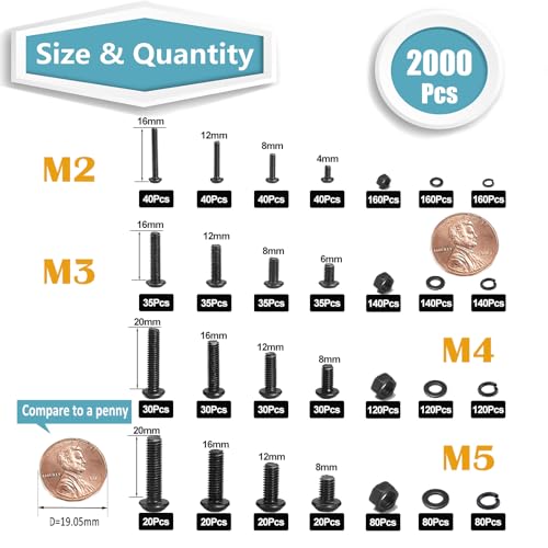 920 Pcs #4-40#6-32#8-32#10-24 Phillips Pan Head SAE Screws Kit and 2000 Pcs M2 M5 M4 M5 Hex Socket Button Head Screw Assortment Black Zinc Galvanized