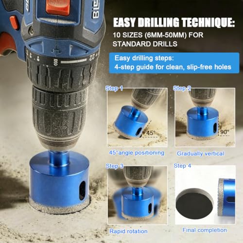 10Pcs Diamond Tile Hole Saw Kit, 1/4"-2" Vacuum Brazed Tile Drill Bits 10