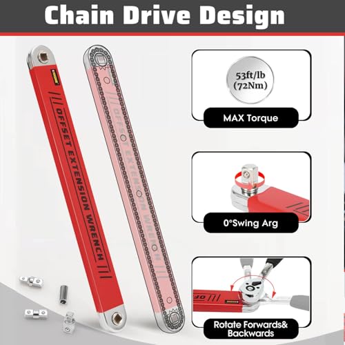 Offset Extension Wrench,0° Swing Extender for Tight Space Fasteners Red Large