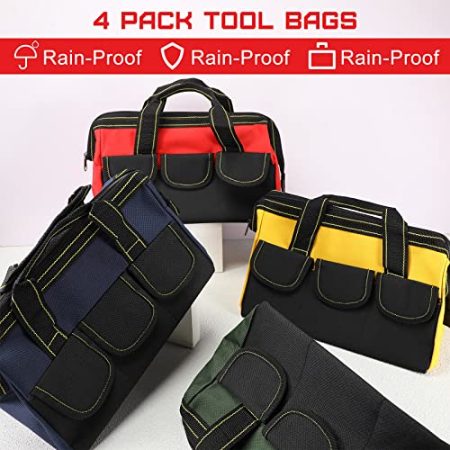 4 Pieces Tool Bag with Waterproof Strong Molded Base Multi Pockets Wide Mouth Tool Tote Multifunctional Large Capacity Organizer Heavy Duty Tools Storage Bag for Men Carpenter Electrician 13 Inch Multicolor
