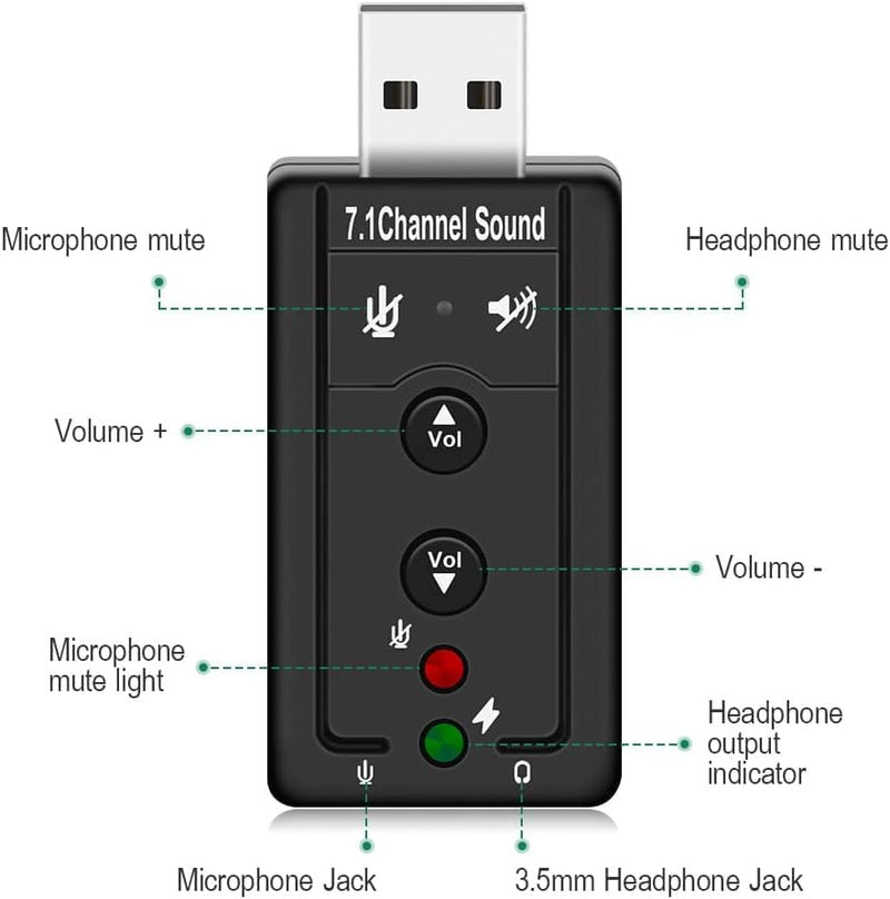 USB 2.0 Sound Card 7.1 3D External Audio Adapter Volume Control Function Keys Microphone Black for Computer Notebook Tablet PC Laptop