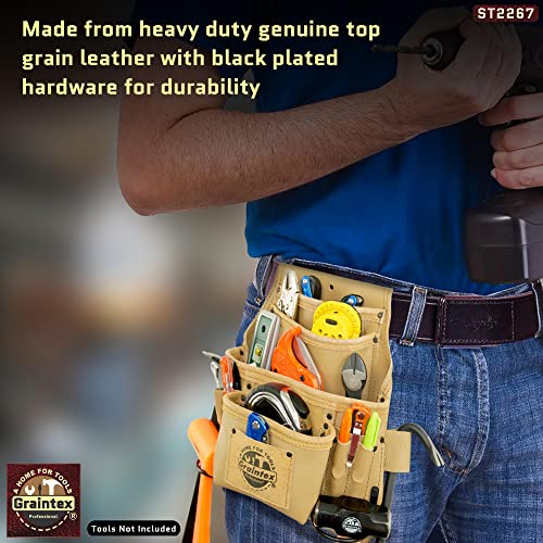 Graintex ST2267 10 Pocket Nail & Tool Pouch Rugged Beige Color Top Grain Leather for Framers, Constructors, Electricians, Plumbers, Hnadyman